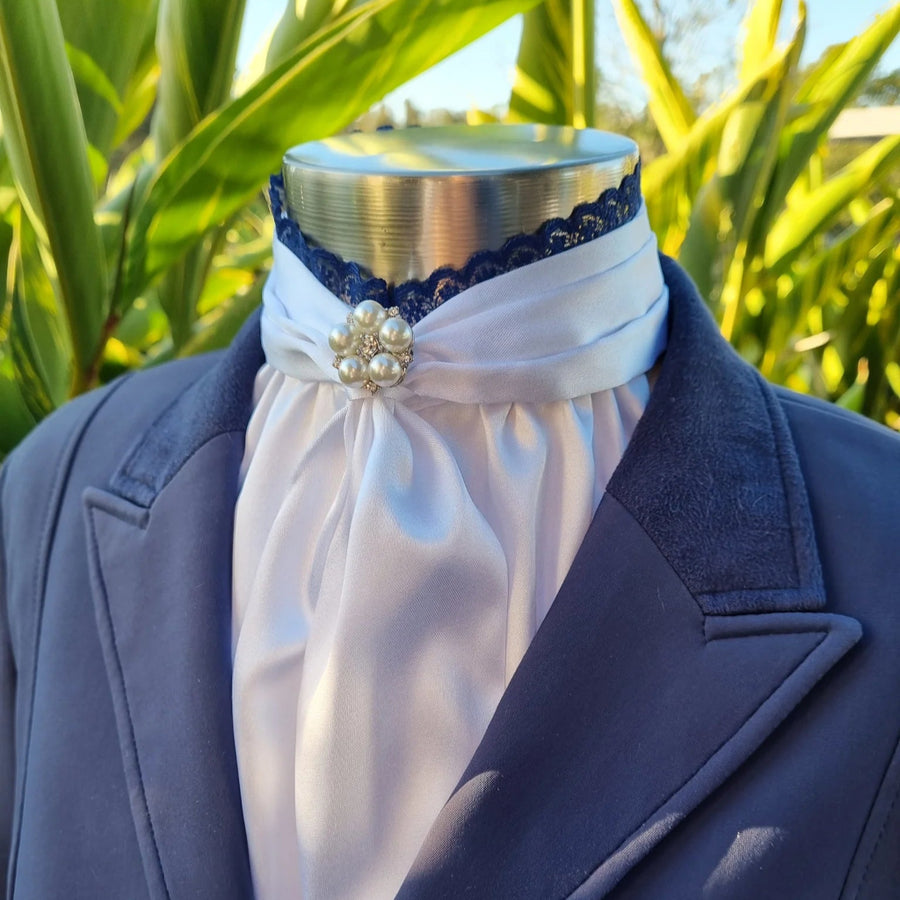 Belle Pre Tied Stock with Lace Frill and Navy Piping and Crystal and Pearl Pn