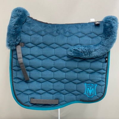 Mattes Eurofit Velvet Dressage Saddle Pad Blue Moon with Teal Sheepskin Trim