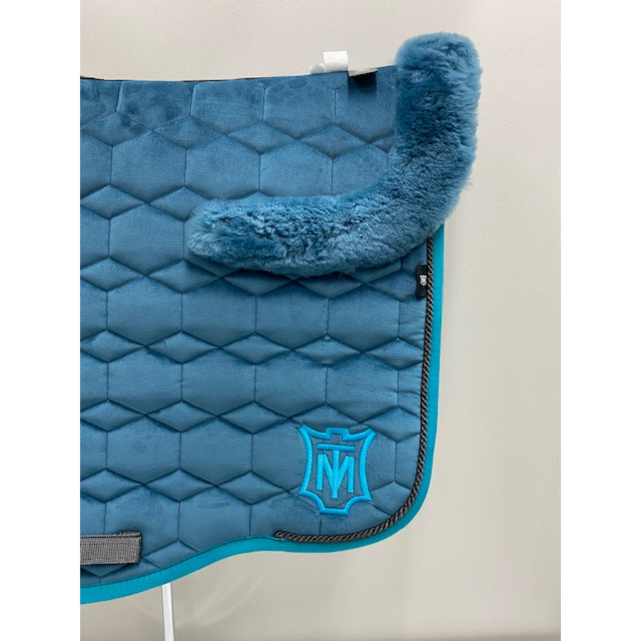 Mattes Eurofit Velvet Dressage Saddle Pad Blue Moon with Teal Sheepskin Trim