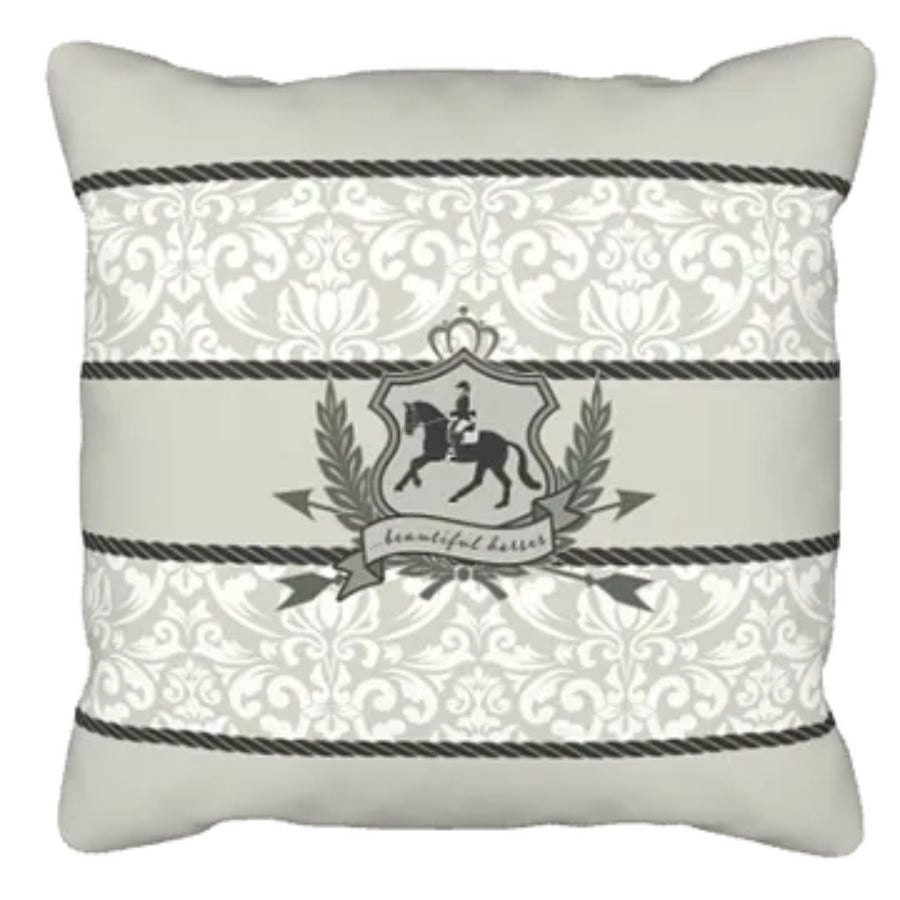 Beaux Chevaux Cushion Taupe Damask 5 Stripe Beautiful Horses