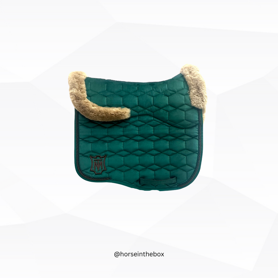 E.A Mattes Eurofit Dressage Saddle Pad Green Velvet with Light Brown Fleece Panels & Front and Rear Trim