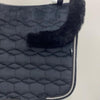 Mattes Eurofit Dressage Saddle Pad Black Velvet with Black Sheepskin Trim and Black/ Silver Piping