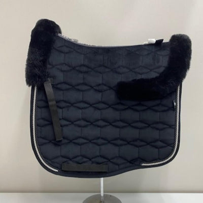 Mattes Eurofit Dressage Saddle Pad Black Velvet with Black Sheepskin Trim and Black/ Silver Piping